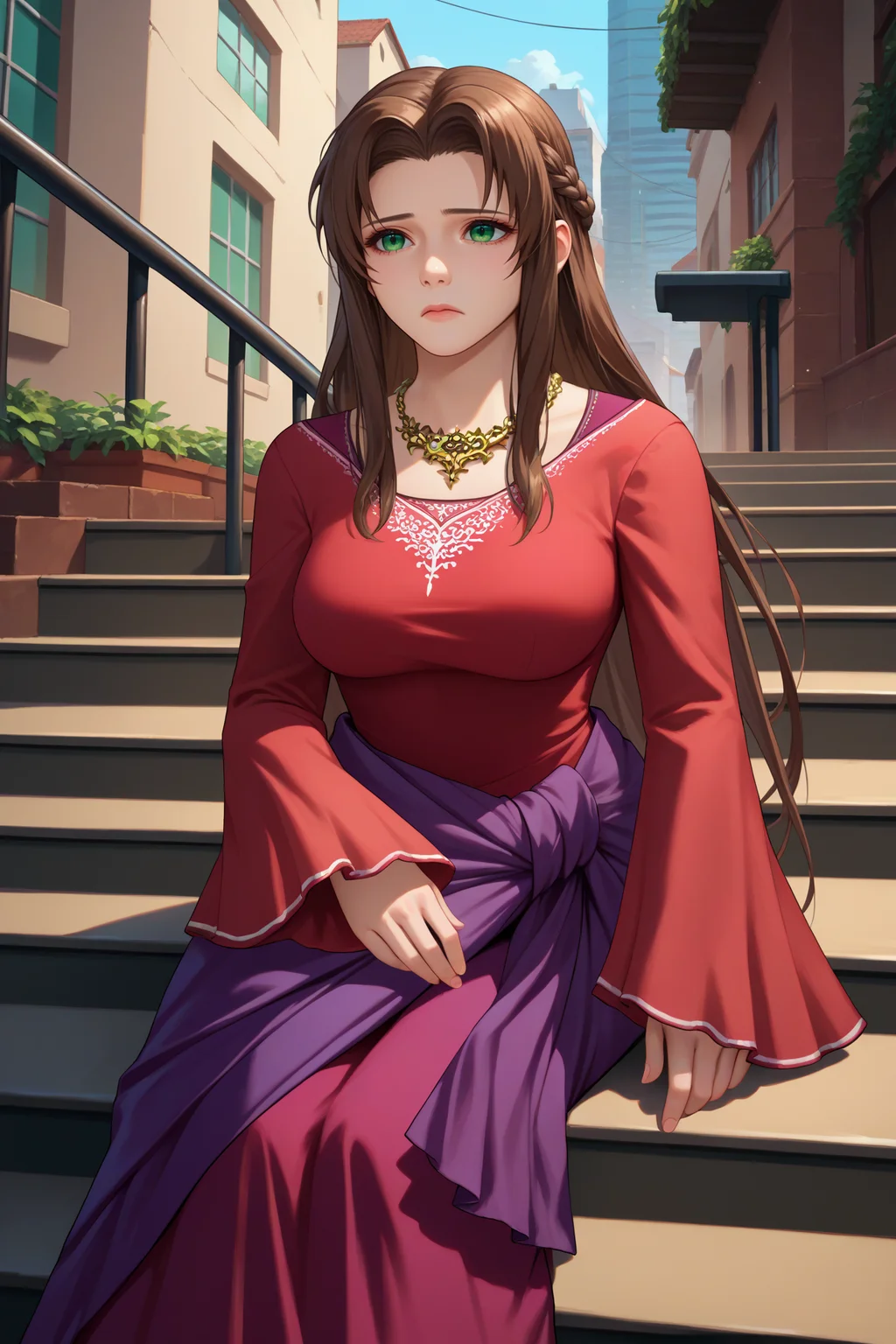 score_9, score_8_up, score_7_up, score_6_up, source_anime, 1girl, solo, <lora:ifalna-pdxl-nvwls-v1-000005:1> ifalna, brown hair, long hair, parted bangs, braid, green eyes, necklace, red dress, long sleeves, purple sarong, long dress, large breasts, upper body, sitting, city, stairs, sitting on stairs, sad, full body