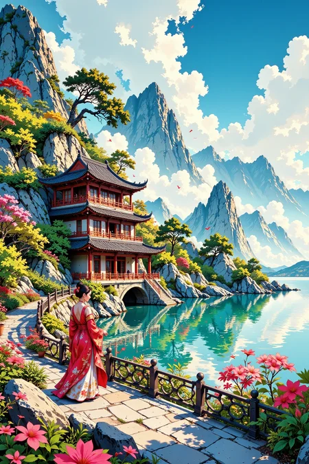 luxury residence beautiful landscape, cloudy sky, woman, very intricate, very detailed, sharp, bright, colorful, <lora:Hand v2:0.5> <lora:Anti-Blur:1><lora:Insane Detail Slider:0.25> <lora:flux.1_lora_flyway_Epic-detail_v2:0.3> <lora:fluxenhancer:0.25> <lora:ROWER:0.6> <lora:flux-charmer-v1-1:0.4><lora:Vibrantly_Sharp_style_v.5:0.4> <lora:realanime:0.7> <lora:Chinese_Ink:0.3> chinese ink style