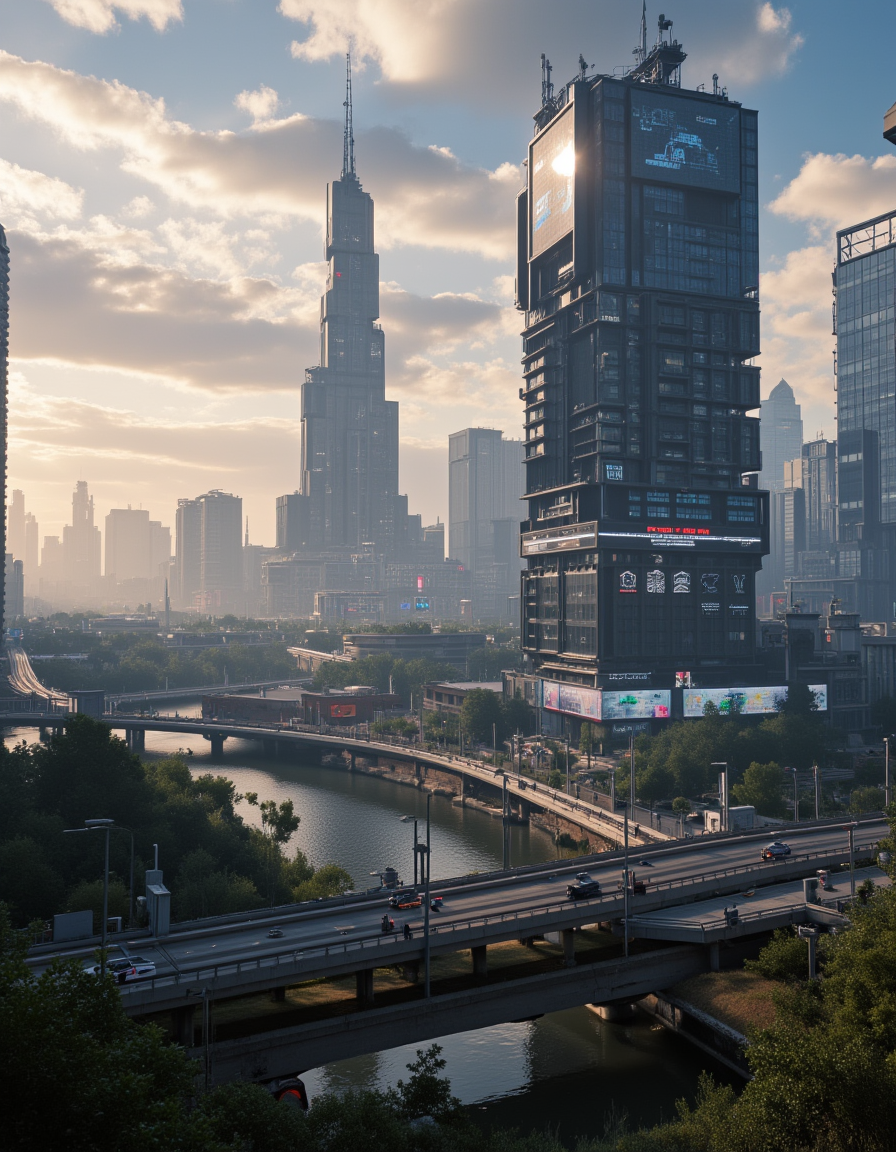 <lora:City_Worlds_01_Effects_fluxc:1> photo, ambiance, billboard on building, billboards on buildings, billboards on highway, car light trails, city lights, citybkg, clouds, cyberpunk, cyberpunk racecar front, detailed, epic scale, evening, fantasy, futuristic, haze, high buildings, illuminated, impressive, landscape, low buildings, mega structures, moss, phot3, river, spaceship closeup, spaceship focus, sunny, sunset, t5, t6, vegetation, very detailed