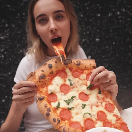 random background, girl eating a slice of pizza