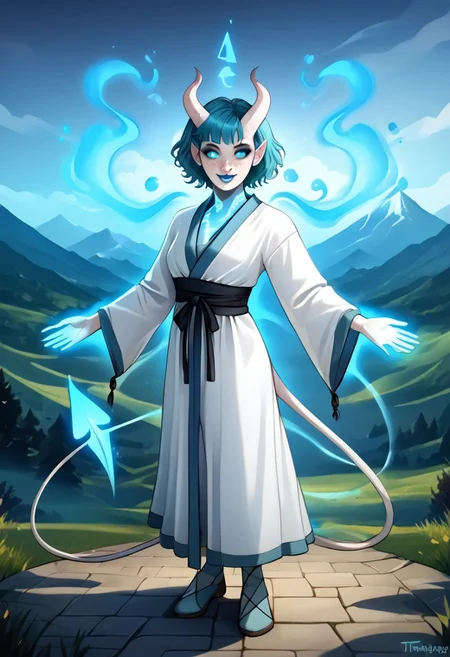 Solo, full body, female, Tiefling, pointed ears, short white horns, light blue tipped horns, colored sclera, smiling, cute face, freckles, ghostly white skin, short teal hair, blue lipstick, blue eye makeup, teal eyes, long demon tail, triangle tip tail, tail, sorcerer, light blue sorcerer robe, Aura, light blue energy, glowing, swirling energy, dynamic pose, scenery, mountain, white tail, black pupils