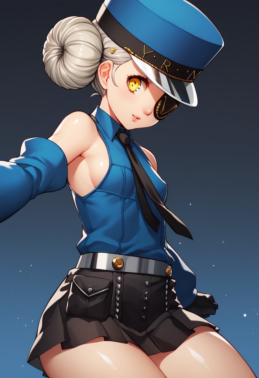 score_9, score_8_up, score_7_up, , shiny skin:0.1, source_anime, , deep skin,, high quality, highres, , 1girl, (curvy), ((wide hips)),, thick thighs, cute, , sexy, small breasts, CarolineP5, caroline (persona 5), yellow eyes, gloves, hat, hair bun, short hair, eyepatch, black gloves, necktie, sleeveless, sideboob, blue headwear, shirt, blue shirt, wing collar, grey hair, black skirT, short skirt,