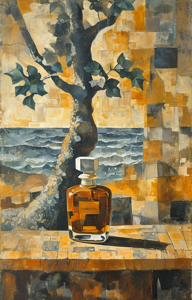 masterpiece,best quality,<lora:tbh215-sdxl:0.9>,illustration,style of Georges Braque A bottle of perfume in garden