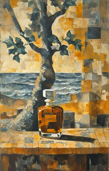 masterpiece,best quality,<lora:tbh215-sdxl:0.9>,illustration,style of Georges Braque A bottle of perfume in garden