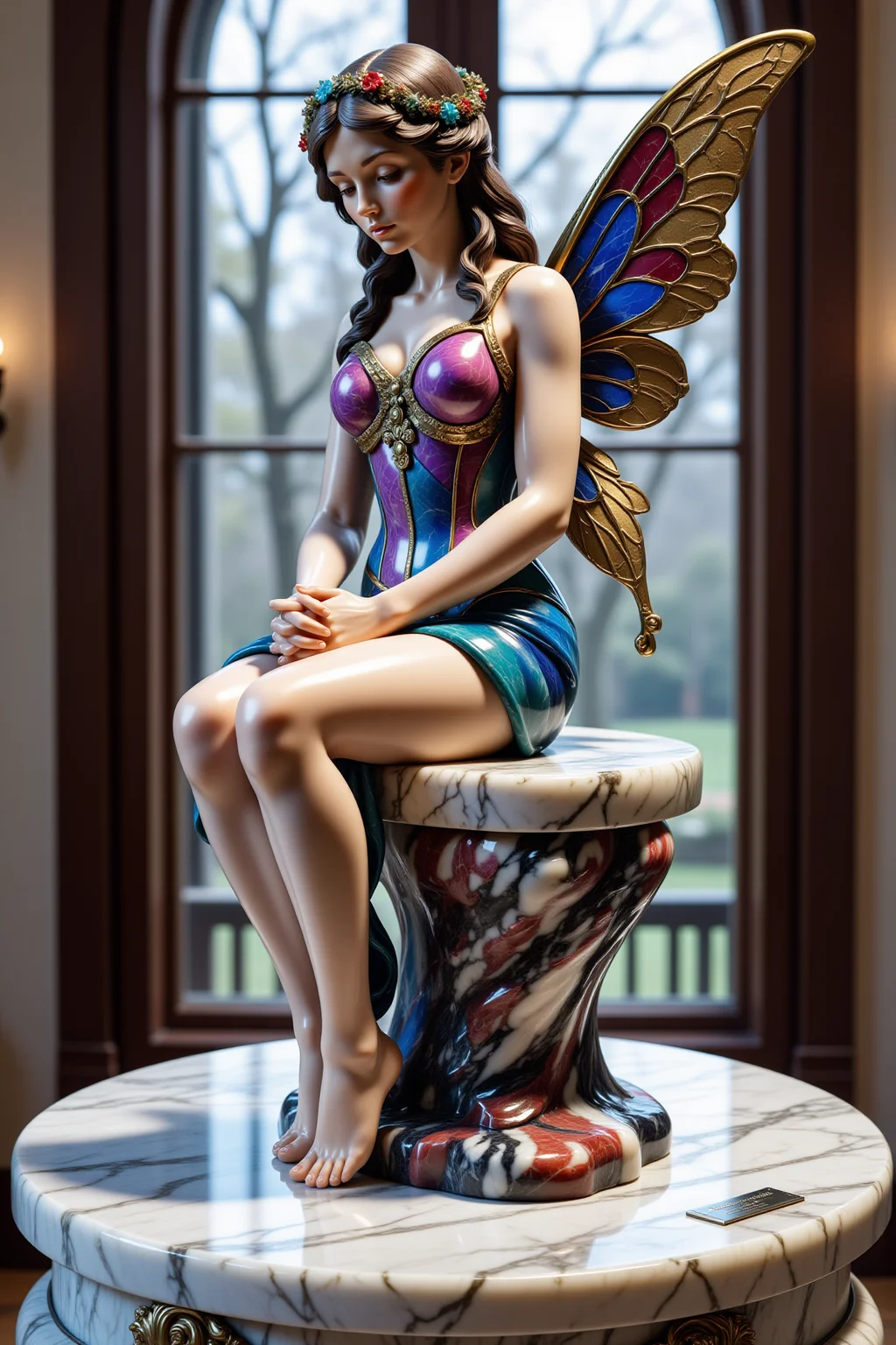 Midjourney dark fantasy style, very detailed statue made out of pink granite and marble a of a fairy sitting on a window sill. (She is standing on circular white marble platform with a commemorative plaque on a pedestal:1.8)
. The fairy is wearing a colorful dress with intricate patterns and designs. The dress is made up of different shades of blue, purple, and gold, creating a rainbow-like effect. The wings of the fairy are large and have intricate patterns on them. The figure is sitting on its hind legs with its hands clasped together in front of it. The background is blurred, but it appears to be a window with a view of trees outside. The sculpture is made of metal and has a shiny finish., <lora:flux-marblestyle:1>, <lora:Midjourney dark fantasy style:0.5>