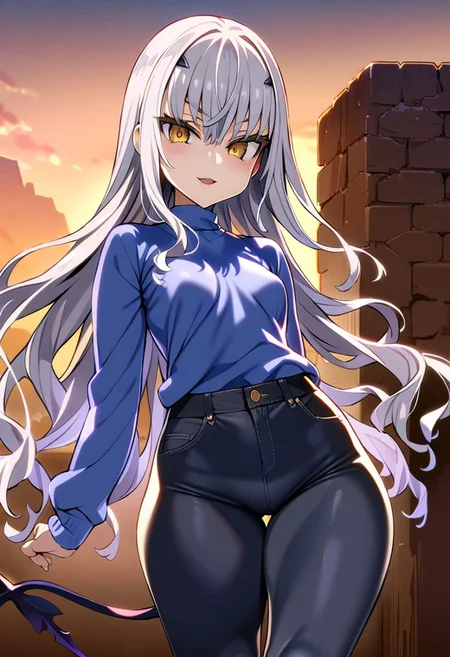 1 girl, Melusine, Fate Grand Order, alone, smile, small breasts, gray hair, hair between eyes, yellow eyes, bangs, long hair, sunset, sunset, beautiful, masterpiece, simple background, best quality, detailed image, detailed face, perfect lighting, perfect shadows, perfect eyes, girl focus, perfect hair, perfect butt, painted lips, blush, (8k uhd, masterpiece, best quality, high quality, ultra detailed, detailed face, background detailed), perfect lighting, big thighs, thick thighs, perfect thighs, casual wear, tight jeans, white and blue t-shirt, short demon tail, full body, asanagi style