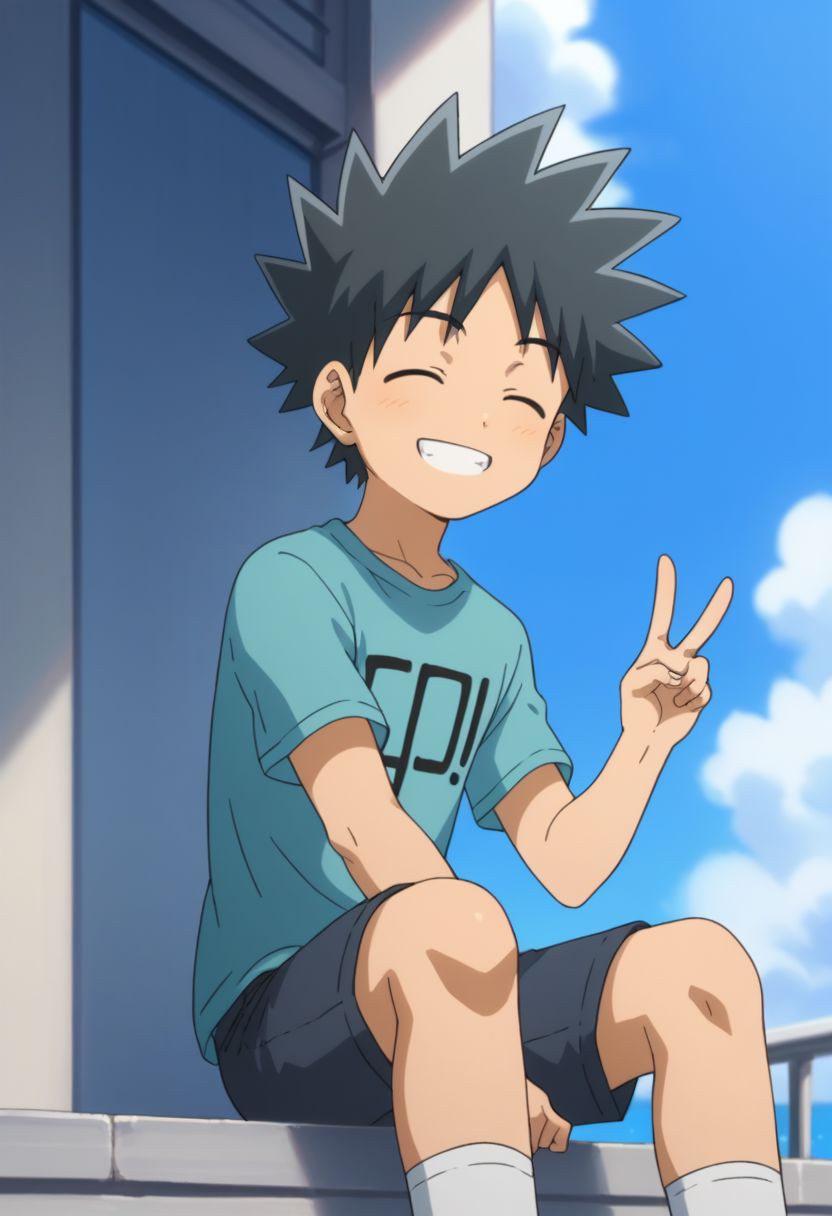 score_9, score_8_up, score_7_up, source_anime, highly detailed, cute,
takeru, 1boy, male focus, solo, black hair, sky, smile, grin, spiked hair, closed eyes, day, blue sky, cloud, shirt, pants, short pants, socks, sneacker, v sign, sit
outdoor,