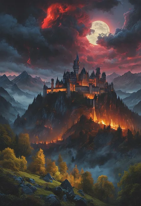 A captivating night scene illustration featuring a forboding and haunted castle on a great  great mountain. The castle and mountain are much like Neuschwanstein Castle in Bavaria.  This enchanting artwork captures a dark and ominous night, where an ominous red bloodmoon hangs above  over the  tree covered mountain range and castle which   stands resolute amidst the great mountains, creating a cinematic experience., illustration, cinematic
<lora:DonM3t3rn1tyXL-v1.1:0.7>, DonM3t3rn1tyXL,
OverallDetailXL  <lora:MJ52:0.3>  <lora:SDXLFaeTastic2400:0.4>  <lora:EpicF4nta5yXL:0.7>