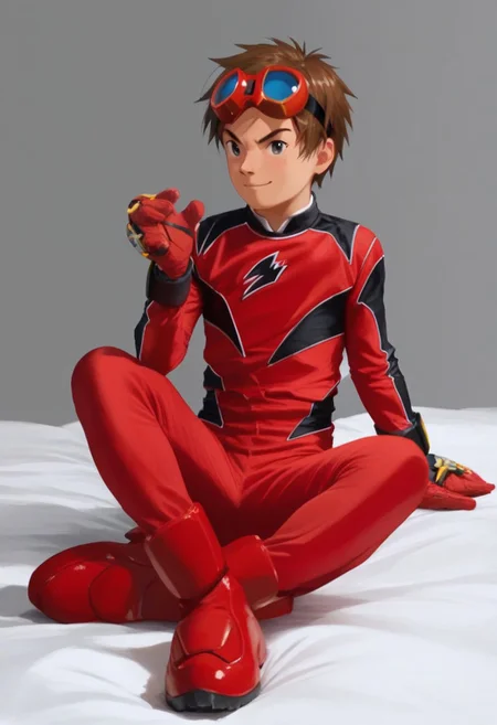 score_9, score_8_up, score_7_up, zPDXL2,
1boy, solo, goggles on head, brown hair,
,sitting on bed,
geki red, red bodysuit, black markings, red gloves, red boots,