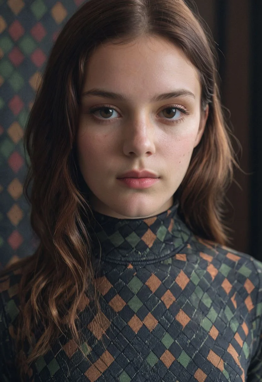 A Closeup Portrait of a Girl in Argyle printed camo-black bodysuit, a scene with dark natural and black tones details, very detailed, atmospheric haze, Film grain, cinematic film still, shallow depth of field, highly detailed, high budget, cinemascope, moody, epic, OverallDetail, 2000s vintage RAW photo, photorealistic, candid camera, color graded cinematic, eye catchlights, atmospheric lighting, imperfections, natural, shallow dof