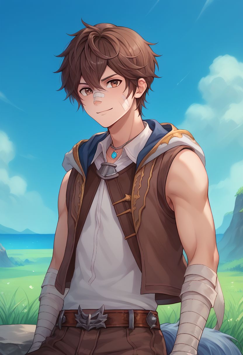 score_9, score_8_up, score_7_up, source_anime, highly detailed, skinny,
ayer, male focus, bandages, hood, 1boy, solo, bandaged arm, brown hair, brown eyes, sleeveless, bandage on face, belt, pants, hood down, upper body, tail. blue tail, smile,
outdoor, sky, clouds, grass, rocks, sit,