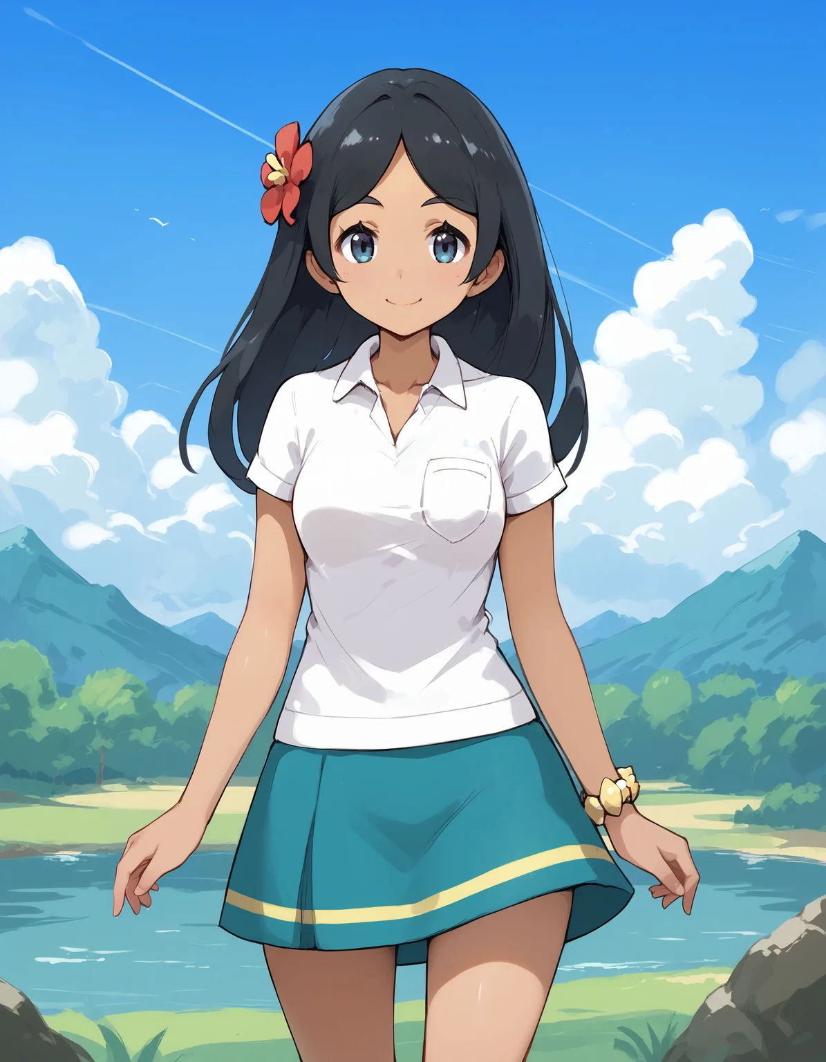 score_9, score_8_up, score_7_up, score_6_up, BREAK source_anime, best quality, masterpiece
1girl,<lora:lass smPonyXL:0.8>,lass sm,hair flower,bracelet,white shirt,skirt,cowboy shot,standing,smile,looking at viewer,mountain,blue sky