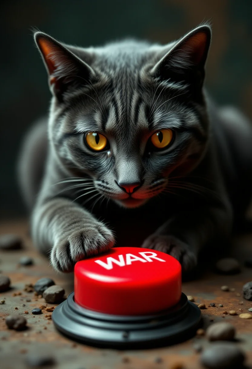 <lora:PCB_Image_Enhancer_for_FLUX:0> <lora:KFT_HLA_V3_FLUX-000019:1>
Photo of an evil looking cat pressing a big red button with the label above it "WAR"