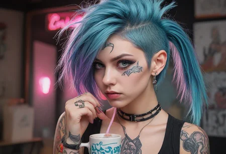 frontal side from above, anime comic style render, stressed(((woman:1.08), toned female, (punk:0.6), (goth:0.3), (hair: (dyed blueand cyan hair), shaved punk-style side cut,) piercings, tattoos, :1.21) in posing dynamic position, smooth skin, (prominent coffee mug:1.12),
Giddy laugh, Spilling coffee, Careless, playful,
(pui:0.01) steaming mug of coffee, oversized and centered, hand grasping handle, detailed fingers wrapped,
longing expression, anime art style, steam rising, big sculpted 3d sculpture mug, coffee shop background, vibrant colors,(trending:1.16) )(masterpiece:1.14), (high image quality:1.08), (RAW:0.93),high definition,masterpiece, absurdres, newest, <lora:LCMTurboMix_Euler_A_fix.safetensors:0.96:0.3> <lora:sdxl\Hyper_Realism_Pony_XL.safetensors:0.85:0.18> p15,s9