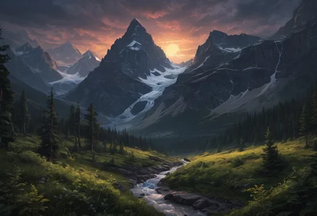 Beautiful outdoor, nature, no humans, mountain, glacier national park, dark twilight, forest, masterpiece, sharp focus, photorealistic rendering, extremely detailed