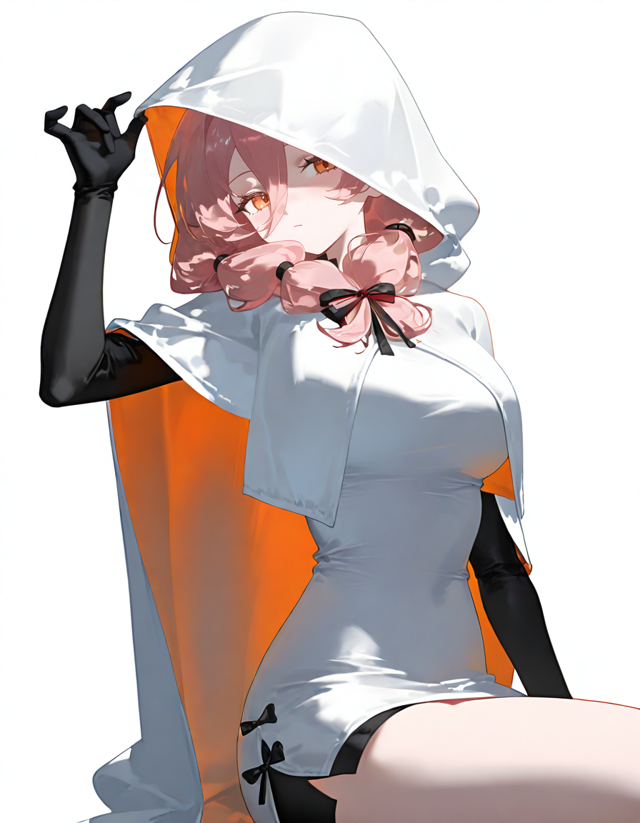 1girl,<lora:qiaoshou-000012:0.8>,(simple background:1.1),(white background:1.2),solo,cowboy shot,qiaoshou,sitting,looking at viewer,orange eyes,(four fingers:0.8),alternate hairstyle,alternate costume,<lora:PA-nyalia_V3.0:0.9>,winter_clothes,cloak,hooded_cloak,(hot_pants:1.1),, masterpiece, best quality, very aesthetic, absurdres,newest, incredibly absurdres,