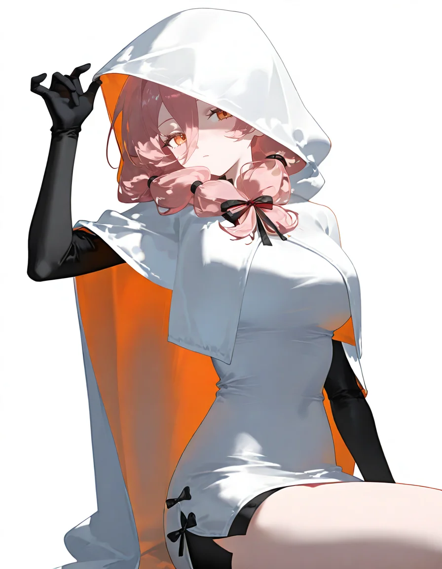 1girl,<lora:qiaoshou-000012:0.8>,(simple background:1.1),(white background:1.2),solo,cowboy shot,qiaoshou,sitting,looking at viewer,orange eyes,(four fingers:0.8),alternate hairstyle,alternate costume,<lora:PA-nyalia_V3.0:0.9>,winter_clothes,cloak,hooded_cloak,(hot_pants:1.1),, masterpiece, best quality, very aesthetic, absurdres,newest, incredibly absurdres,