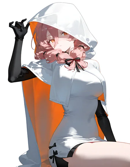 1girl,<lora:qiaoshou-000012:0.8>,(simple background:1.1),(white background:1.2),solo,cowboy shot,qiaoshou,sitting,looking at viewer,orange eyes,(four fingers:0.8),alternate hairstyle,alternate costume,<lora:PA-nyalia_V3.0:0.9>,winter_clothes,cloak,hooded_cloak,(hot_pants:1.1),, masterpiece, best quality, very aesthetic, absurdres,newest, incredibly absurdres,