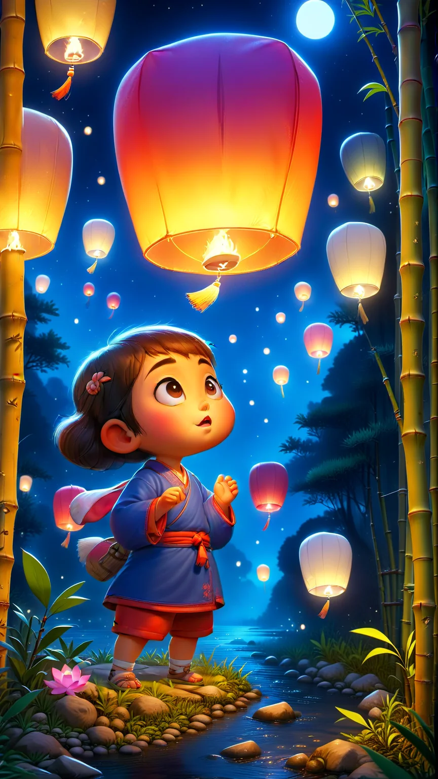 <lora:Chinese Spring Festival Theme_Kongming Lanterns_XSE_GAME_V1-000010:1.2>,kongming lantern,night,no one,beside the stream,small bamboo forest,no one,in the style of temmie chang,in the style of realistic and hyper-detailed renderings,strong diagonals,colorful illustrations,2D game art,black outline,3D rendering,4k resolution,best Quality,