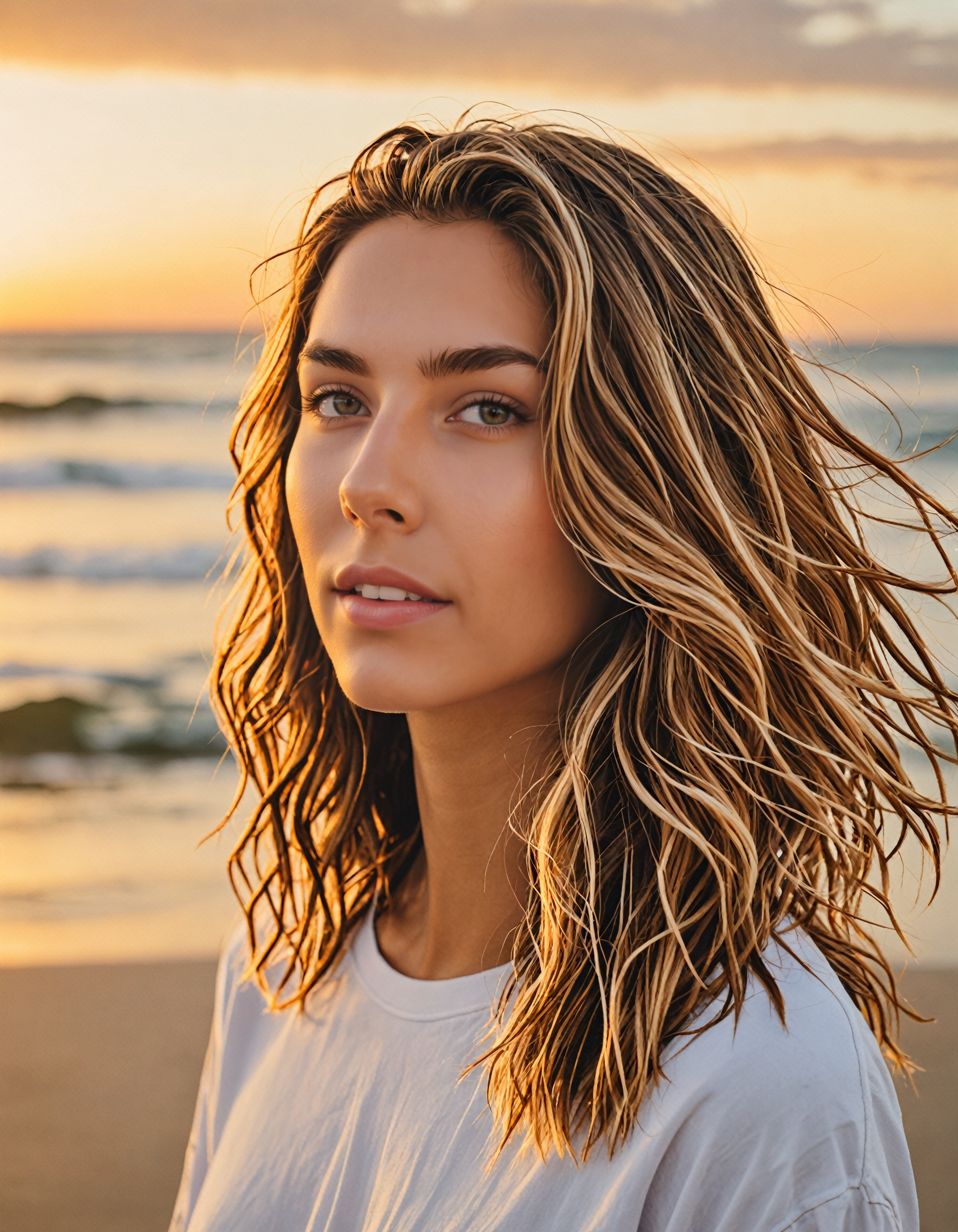a woman 18 years old of age, floating hair,   in relaxed and beachy surfer style, perfect for a sunset session, straight-on, head tilt, mole under eye, candid photography, closed mouth,