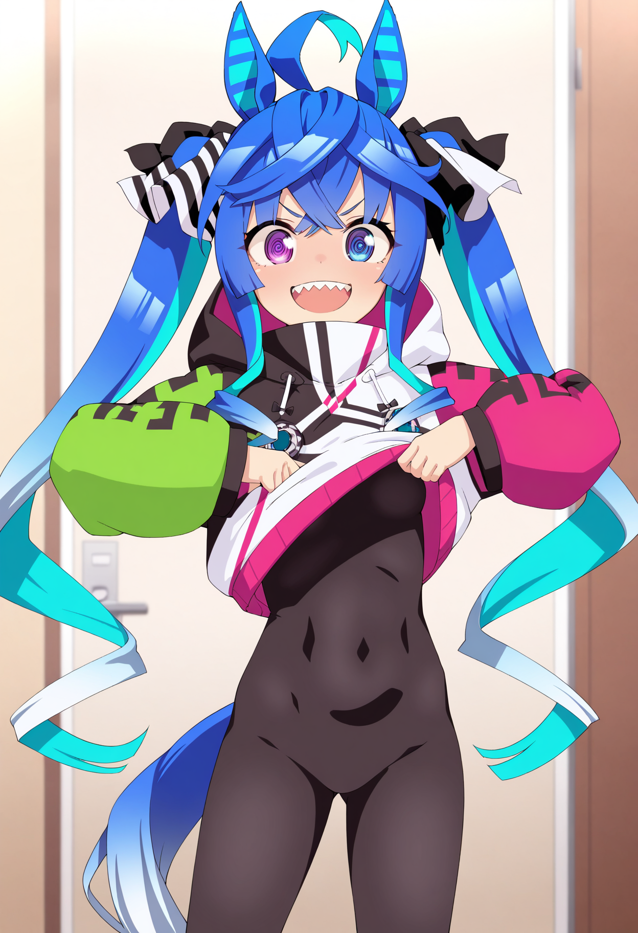 masterpiece,best quality,amazing quality,
twin turbo (umamusume), 1girl, solo, bodysuit, animal ears, horse ears, black bodysuit, tail, heterochromia, teeth, twintails, sharp teeth, horse tail, long hair, horse girl, blue hair, looking at viewer, blue eyes, purple eyes, breasts, ahoge, @_@, small breasts, lifted by self, long sleeves, multicolored hair, smile, cowboy shot, open mouth, hood, clothes lift, aqua hair, hoodie lift, bangs, standing, hoodie, ribbon, very long hair, hair ribbon, black ribbon,
 <lora:Felipe Godoy_epoch_7:1>