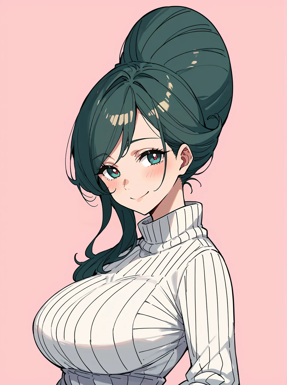 score_8_up, score_7_up, score_6_up, source_anime, 1girl, solo, simple background, pink background,
standing, pose, contrapposto, arched back, cowboy shot,
smile, mature female, large breasts,
turtleneck sweater,
beehive hairdo, <lora:beehivehairdo:1>