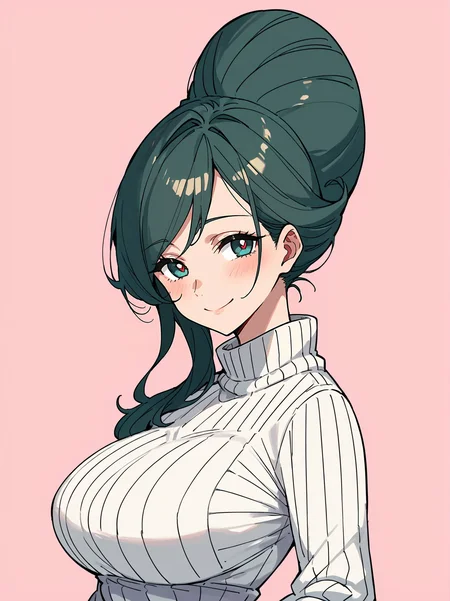 score_8_up, score_7_up, score_6_up, source_anime, 1girl, solo, simple background, pink background,
standing, pose, contrapposto, arched back, cowboy shot,
smile, mature female, large breasts,
turtleneck sweater,
beehive hairdo, <lora:beehivehairdo:1>