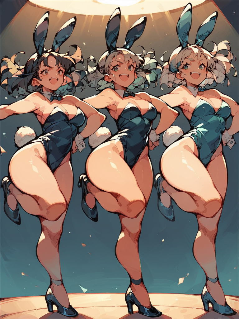score_9,score_8_up,score_7_up,source_anime,<lora:kickline:1>,kickline,dancing,playboy bunny,spotlight,stage,white tail,3 girls,