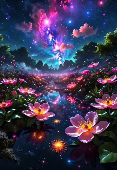Ghibli style, best quality, high resolution, 8k Very beautiful, mesmerizing Milky Way dazzling starry sky, choreography, vibrant Godrej photorealistic effects, ultra detailed vibrant glowing peony flower petals, glowing leaves , a psychedelic fairy garden inspired by playful fireflies swaying through the beautifully finished scenes