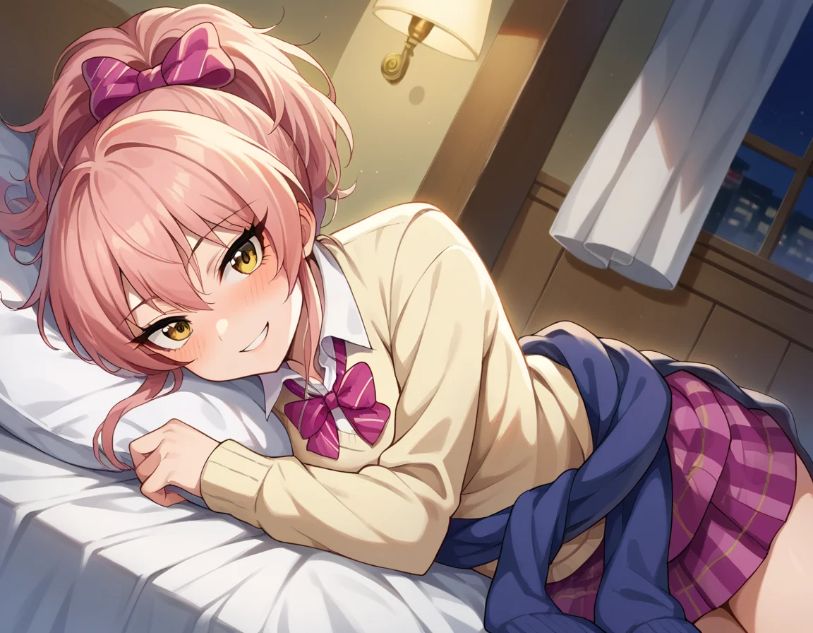 score_9, score_8_up, score_7_up, source_anime,
mikajougasaki, <lora:mika-jougasaki-ponyxl-lora-nochekaiser:1>
mika jougasaki, hair bow, long hair, pink hair, yellow eyes, ponytail, smile,
bow, clothes around waist, plaid, plaid skirt, school uniform, skirt, sweater, sweater around waist,
indoors, bed, bed room, on side, blush, drunk,
looking at viewer, dutch angle, cowboy shot,