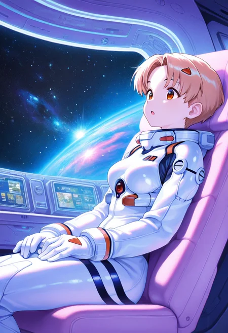 rei ayanami, ultra detailed, masterpiece, best quality, 1girl, solo, adult, indoors, space suit, sitting, seat, windows, futuristic vehicle, space, stars, galaxy, pastel colors, vintage, intricate detailed, finely detailed, amazing detail, from side, smile, :o, awe, shadows, dim lighting, cowboy shot,
