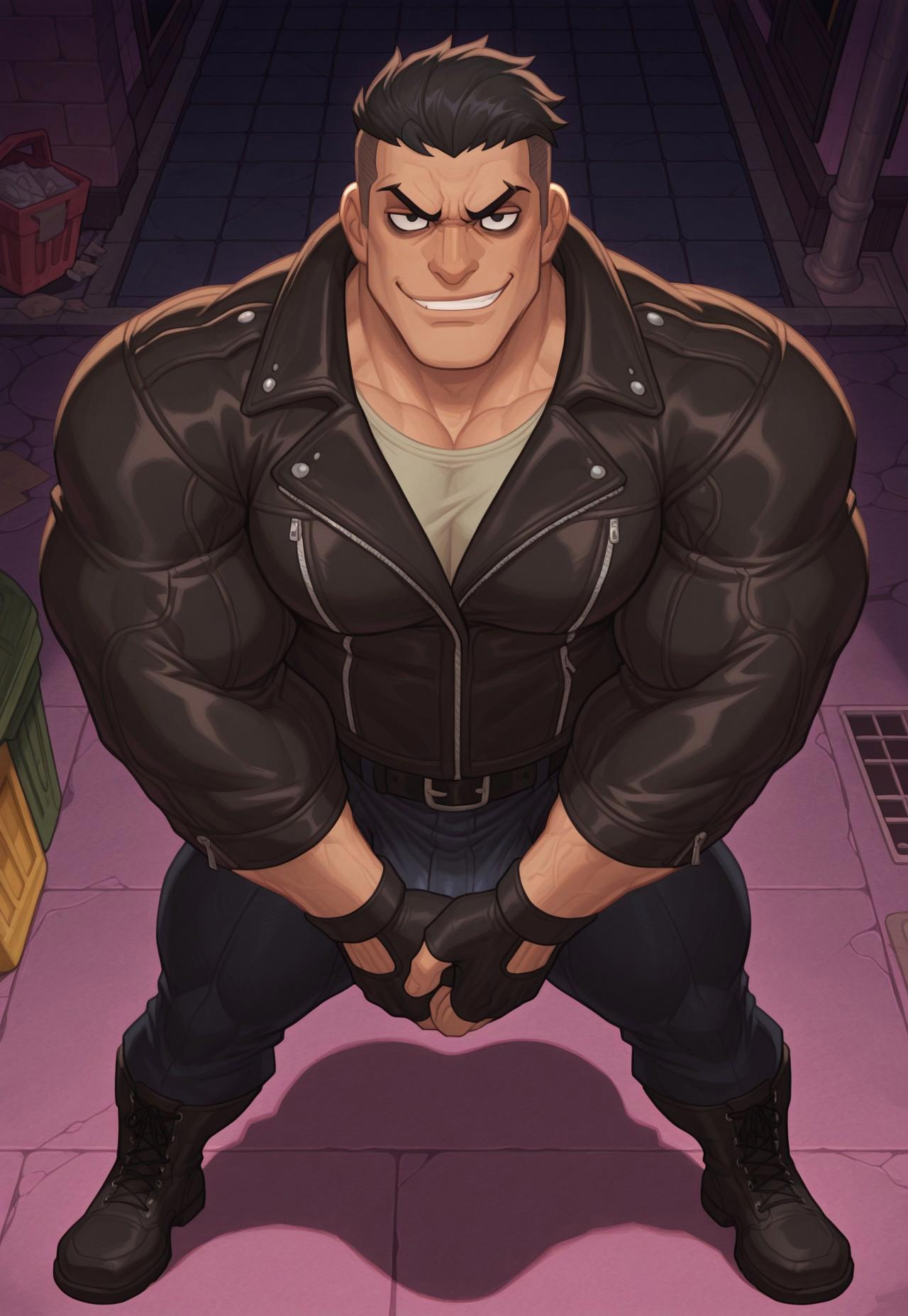 NishimuraXL,, muscular male,
1boy, leather jacket, black boots, fingerless gloves,  Intense horny look, short hair, black hair, black eyes, undercut, sadistic smile, alpha male, alpha, dominant, rude, bara, thick arms, massive pecs,,dynamic pose, cowboy shot, bulge, exposed crotch,
looking at viewer, action pose,  close-up, complex background, shadow, urban street at night, messy, trash, standing, grabbing crotch, full body shot, spread legs, from above, from side, solo, expressionless, looking at viewer, glaring, Full HD, 4K. creepy Mansion backgroud, 
cowboy shot, w0lfc0nf, 
<lora:AKinuNishimura_Style-12:1>