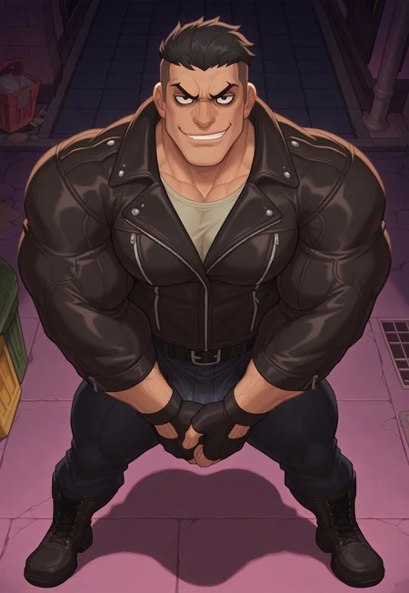 NishimuraXL,, muscular male,
1boy, leather jacket, black boots, fingerless gloves,  Intense horny look, short hair, black hair, black eyes, undercut, sadistic smile, alpha male, alpha, dominant, rude, bara, thick arms, massive pecs,,dynamic pose, cowboy shot, bulge, exposed crotch,
looking at viewer, action pose,  close-up, complex background, shadow, urban street at night, messy, trash, standing, grabbing crotch, full body shot, spread legs, from above, from side, solo, expressionless, looking at viewer, glaring, Full HD, 4K. creepy Mansion backgroud, 
cowboy shot, w0lfc0nf, 
<lora:AKinuNishimura_Style-12:1>