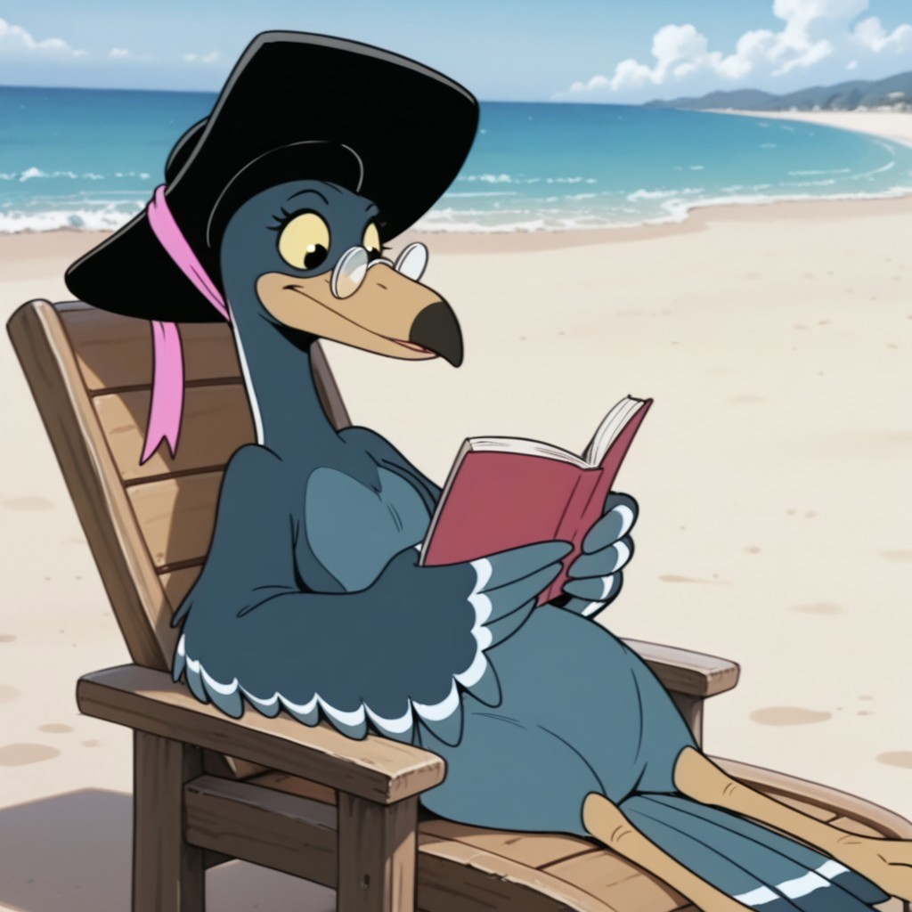 masterpiece, best quality, amazing quality, Magpiebbil, semi-anthro, female, bird, blue feathers, black eyes, yellow sclera, winged arms, glasses, black hat, pink ribbon, lounging in a chair, on the beach, reading book