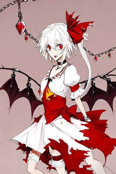 flandre_scarlet_(koumajou_densetsu), wh1te, wings, choker, white chain, bat wings, o-ring, garter belt, skull, harness, bondage harness, body harness, breasts,