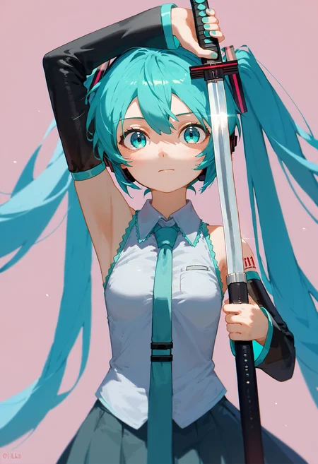score_9, score_8_up, score_7_up, 1girl, arm up unsheathing sword, simple background, hatsune miku, skirt, detached sleeves
<lora:unsheathing_pose_vertical_3_final:1>