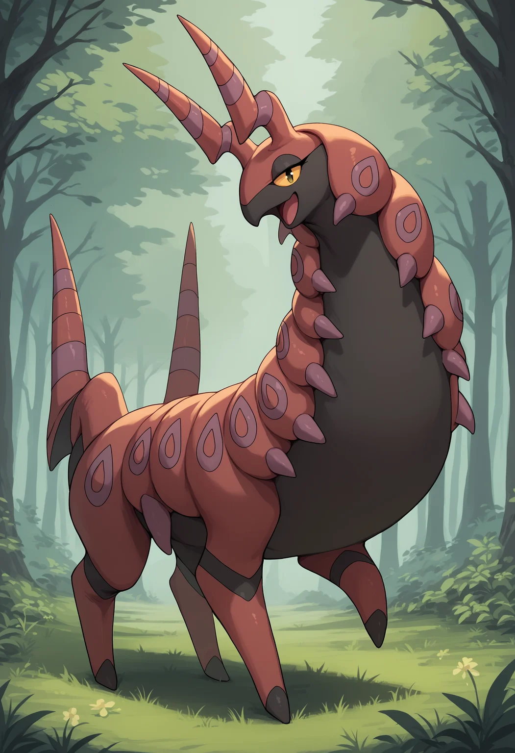 score_9, score_8_up, score_7_up, score_6_up, score_5_up, score_4_up, solo, no humans, <lora:Scolipede:0.85> 1girl, pokemon creature, colored skin, colored sclera, yellow sclera, yellow eyes, feral, full body, from side, open mouth, happy,
forest background,