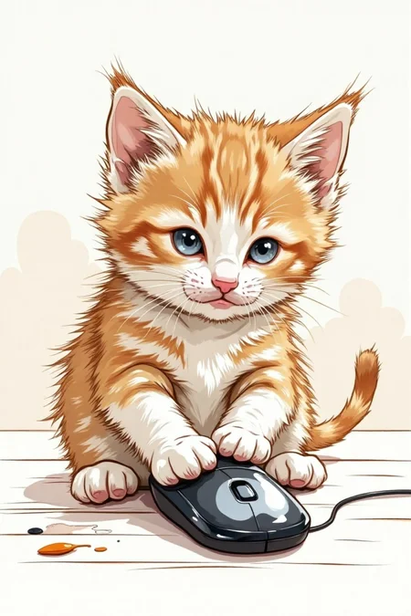 hand-drawn sketch of a kitten batting at a computer mouse, in Color sketchnote style.