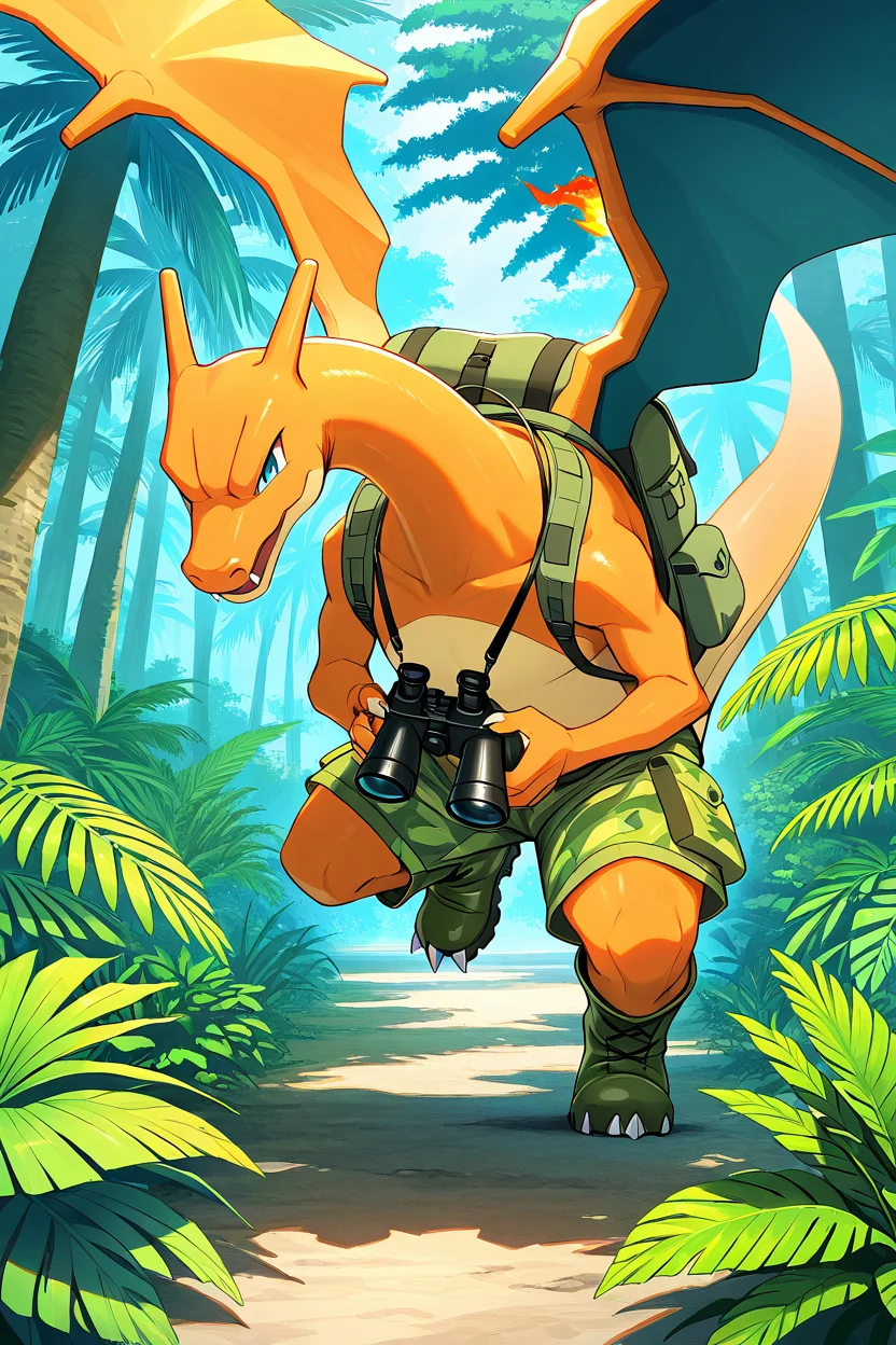 masterpiece, best quality, <lora:CharizardPokedexIXL:1.0>, no humans, solo, dynamic pose, Charizard wearing cargo shorts, jungle boots, backpack, binoculars, tropical plant, thick tree, wild animal, hot humid environment, adventurerâs attitude