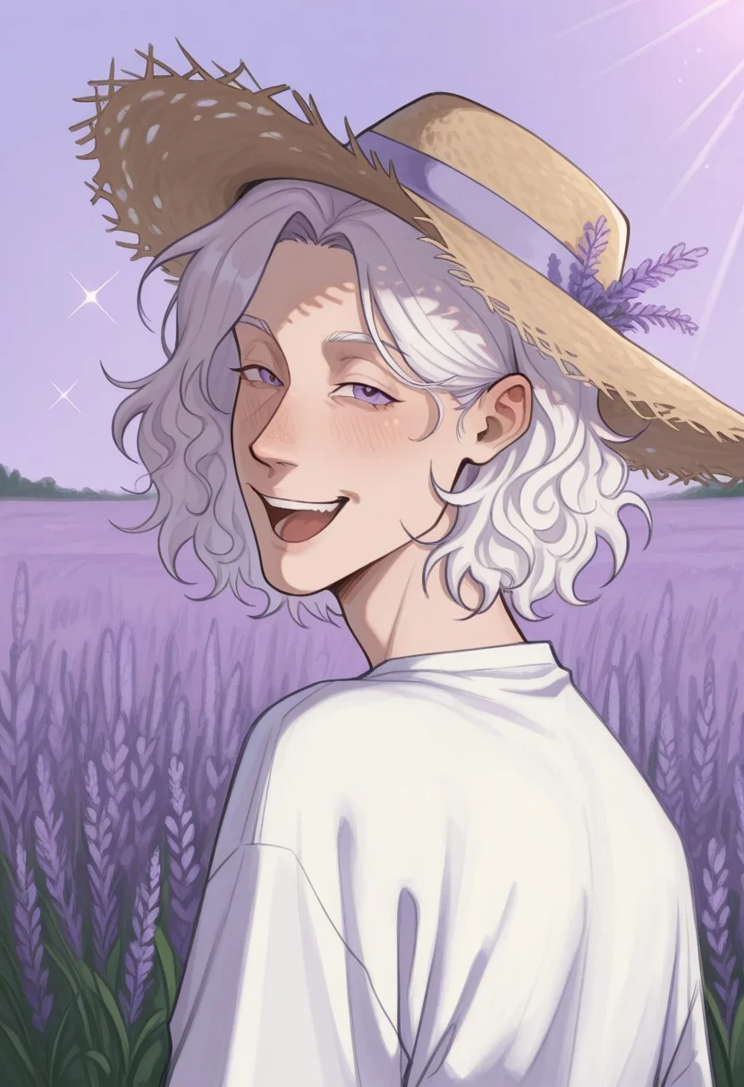 best quality, detailed face, detailed eyes, , ,
by vor sirkov
masterpiece, best quality, absurdres, highres, general, by kp
1 boy ,short hair, hair behind ear, parted bangs, asymmetrical bangs, wavy tips, wavy hair,bright white hair, lavender purple eyes,bright purple throw, solo, field of colors ,sparkling smile ,smile, looks at the viewer, reflections background,sun hat, sun rays, open smile, partially turned back, garden with lavender, close flowers, lavender, slightly squinting, straw hat with flowers, flowers on the hat ,white shirt,lilac on the hat, long lilac flowers