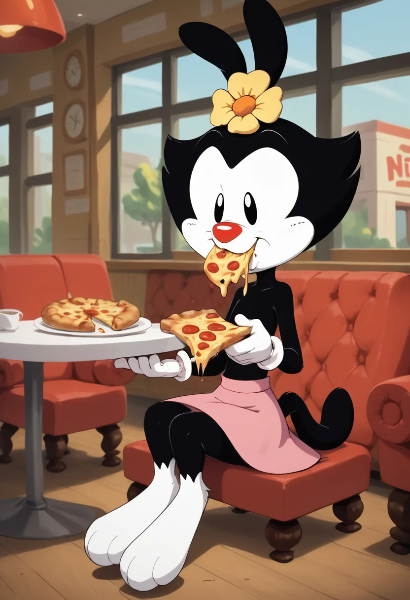 score_9, score_8_up, score_8, <lora:Dot_Warner_Animaniacs_for_PonyXl:0.8> 1girl, furry, animal ears, d0tw4n3r, hair ornament, hair flower, white gloves, skirt, restaurant, sitting, eating pizza,