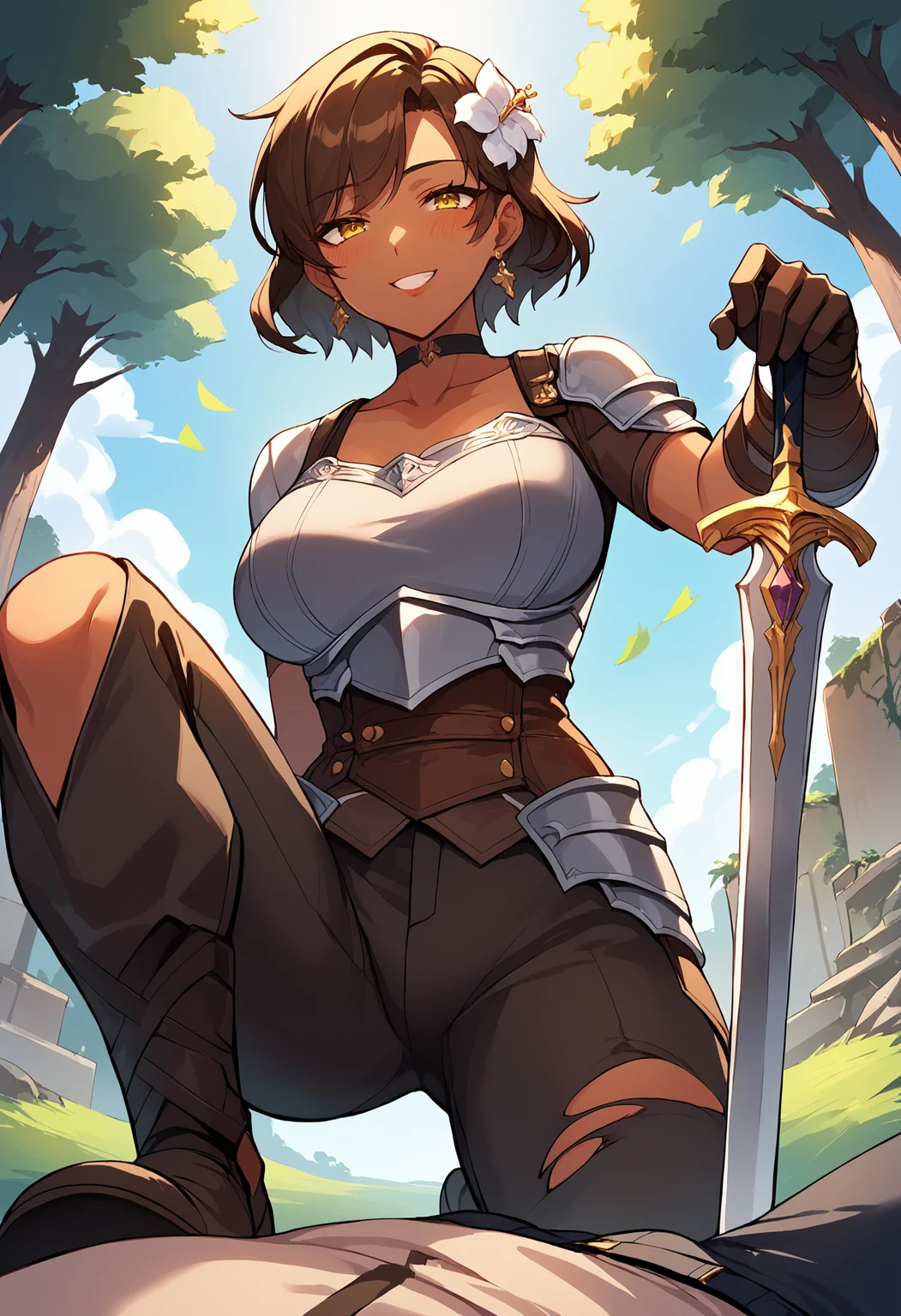 score_9, score_8_up, score_7_up, rating:safe, source_anime, ultra details,masterpiece,4k,best quality, hires, planted sword, hand on hilt,holding sword, mature female,1girl,1boy, dark-skin,dark-skinned female, yellow eyes, cute lips, brown hair, medium hair,sword,hair flower, fantasy,shirt, pants, (gloves:1.1), choker,angle shot, (pov:1.2), blush, naughty face, seductive smile, ruins,forest, (on one knee:1.2), holding sword, torn clothes, armor,pov crotch, defeated, from below
<lora:Anime Style LoRA XL:0.8> <lora:One hand planted sword (pony) v1:1>