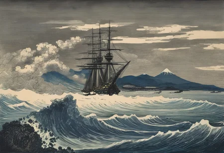 woodcut tokio bay 1865, big black steam powered battleship, gustave dore style, gustav dore clouds, hokusai waves, hokusai mount fuji in the background
