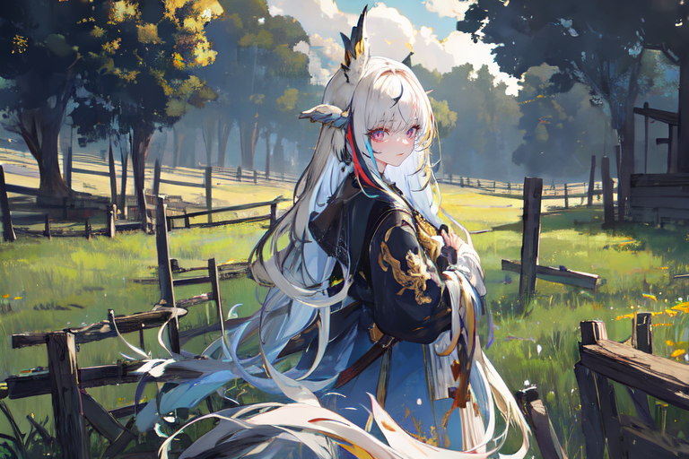 (otherworldly), highly insanely detailed, masterpiece, top quality, best quality, highres, 4k, 8k, RAW photo, (very aesthetic, beautiful and aesthetic), farm, fields, barn, fence, fantfa, <lora:FantasyFarm-10:0.8>, 
1girl, 
(sparkling gold hair ,streaked hair,split-color hair,dual-toned hair,two-tone hair), 
(pure blue background,transparent background),âââ