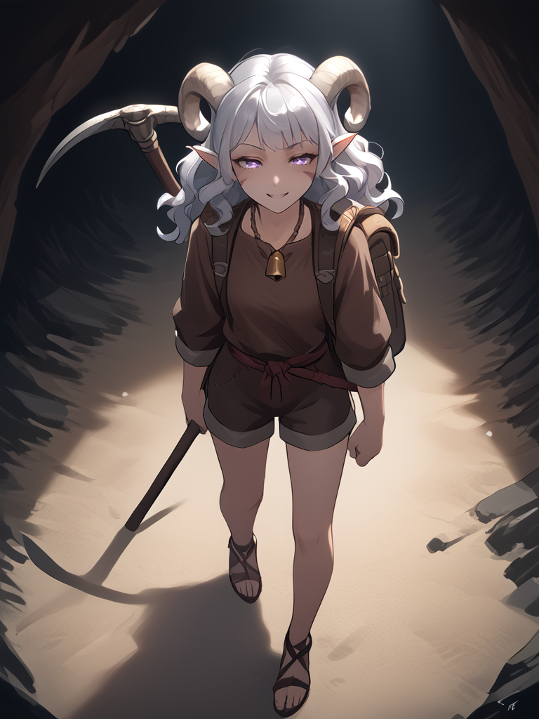 1girl, solo, walking, back, 
source_furry, score_7_up, rating_safe, source_anime, anime face,   <lora:Adventure_backpack:0.8> adventure_backpack:1.3,  bedroll:1.5, 
<lora:whisker_markings:0.8>red whisker_markings, silver long wavy hair, bell necklace, short pointy ears, purple eyes, <lora:age_slider_v4:0.6>
<lora:Test_Diana:0.8> tiefling_bard_diana:1.3,
<lora:Smooth Style 2 SDXL_LoRA_Pony Diffusion V6 XL:0.3> smile, open eyes, cowboy shot, 
<lora:INKxXmo shaded face:1> Shaded FaceINKxXmo Dark Theme, cowboy shot, close up:0.6,
 <lora:pickaxe:1> pickaxe, holding pickaxe:1.3, cave, from above,