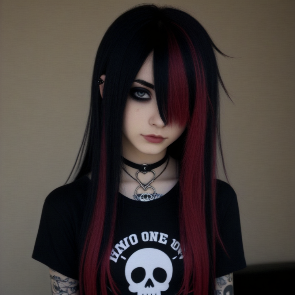 1girl, 18yo, emo, emo girl, emo hairstyle, emo makeupstyle, long hair, hair with highlights, shirt, tattoos, skirt, hair over one eye, from above