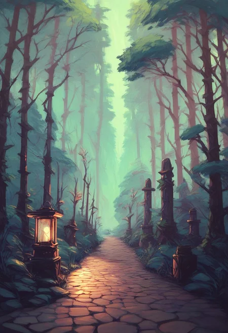 score_9, score_8_up, score_7_up, score_6_up, score_5_up, c0l0urfulsc3n3, scenery, colourful, birch forest, winding cobblestone road, wood fence, lamp post
