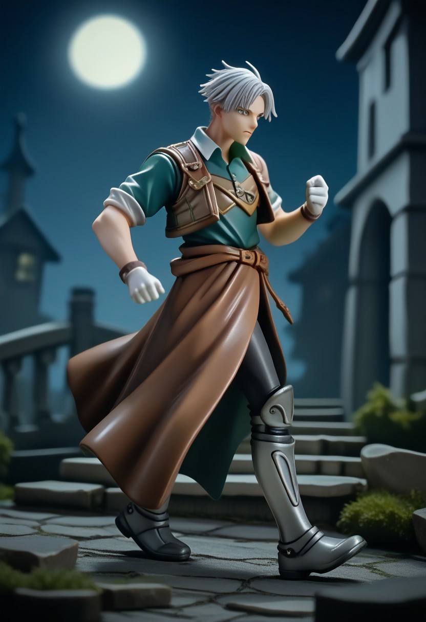 score_9, score_8_up, score_7_up, score_6_up, score_5_up, score_4_up, nbcstyle, (horror theme:1.3),  view from side, walking, 1boy, toned male, natgra, steel greaves, brown skirt, black pants, green shirt, leather vest, silver belts, white gloves, silver hair, night, moon, dark lighting, stone bridge,