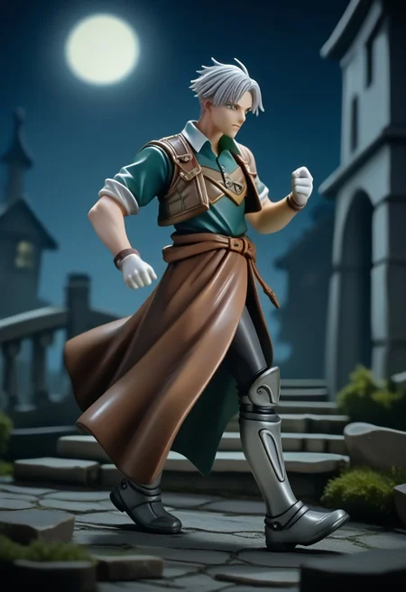 score_9, score_8_up, score_7_up, score_6_up, score_5_up, score_4_up, nbcstyle, (horror theme:1.3), view from side, walking, 1boy, toned male, natgra, steel greaves, brown skirt, black pants, green shirt, leather vest, silver belts, white gloves, silver hair, night, moon, dark lighting, stone bridge,