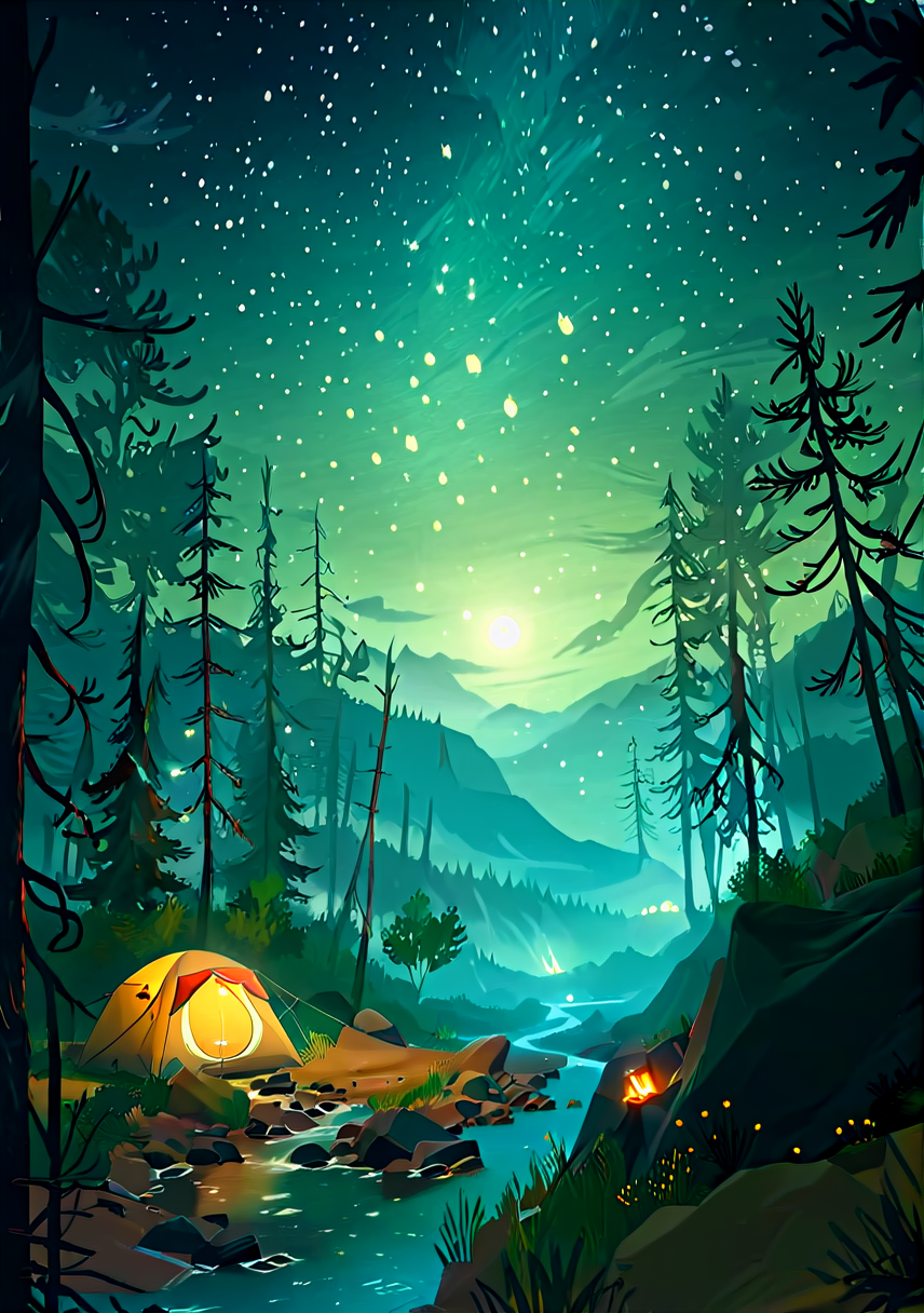 concept art an illustration of a river in the style of fire-watch Nature, Forest, Mist, Stars, Night, Solo, Moonlight, Tent on the river bank,  <lora:easynegative:0.7> <lora:add-detail-xl:1.5>   <lora:fire-watch-sdxl-v1:1>  . digital artwork, illustrative, painterly, matte painting, highly detailed